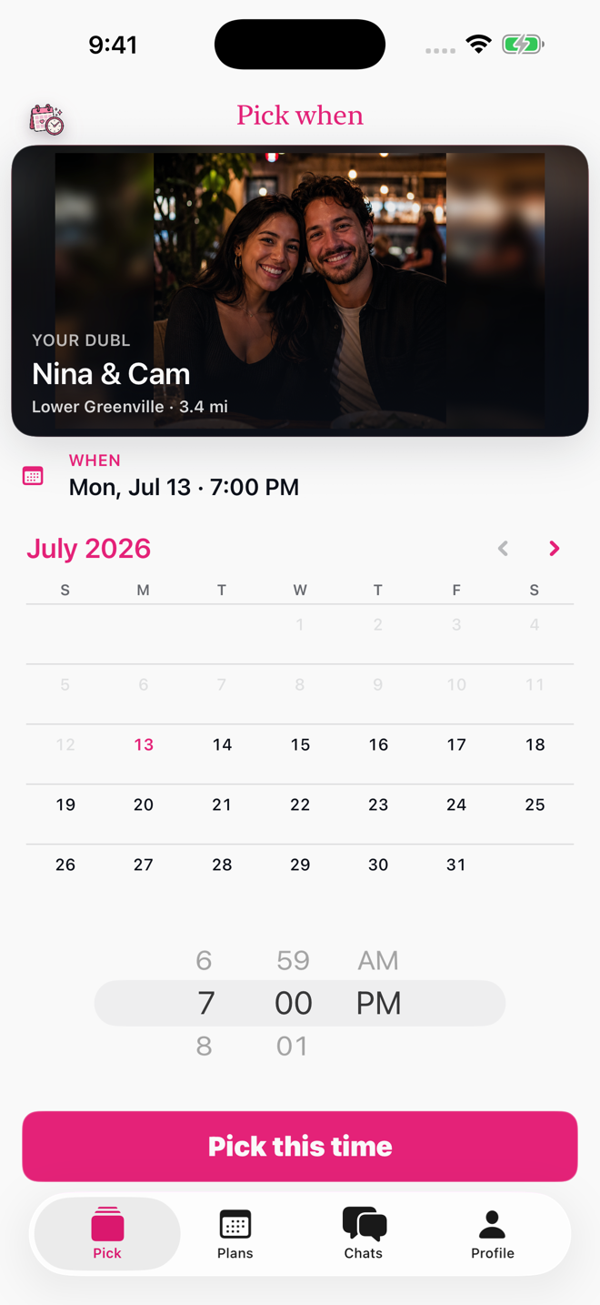 DublTrubl screen for choosing a date and time
