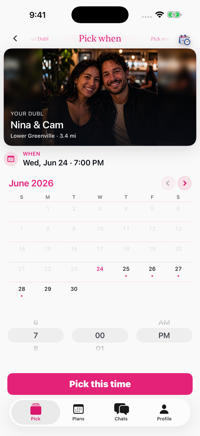 DublTrubl app screen for choosing a date and time