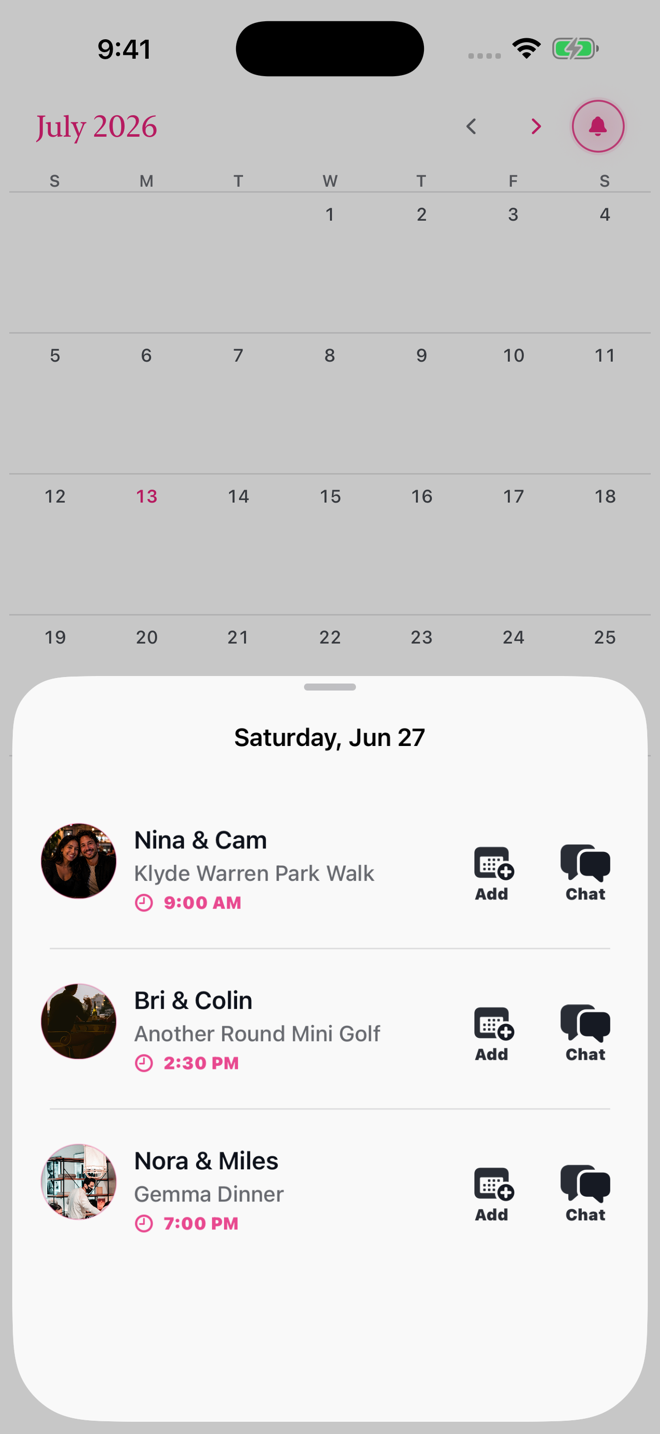 DublTrubl plans calendar screen with upcoming double dates