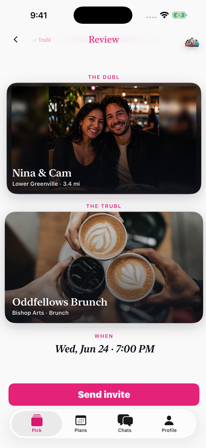 DublTrubl app screen for reviewing the double-date plan
