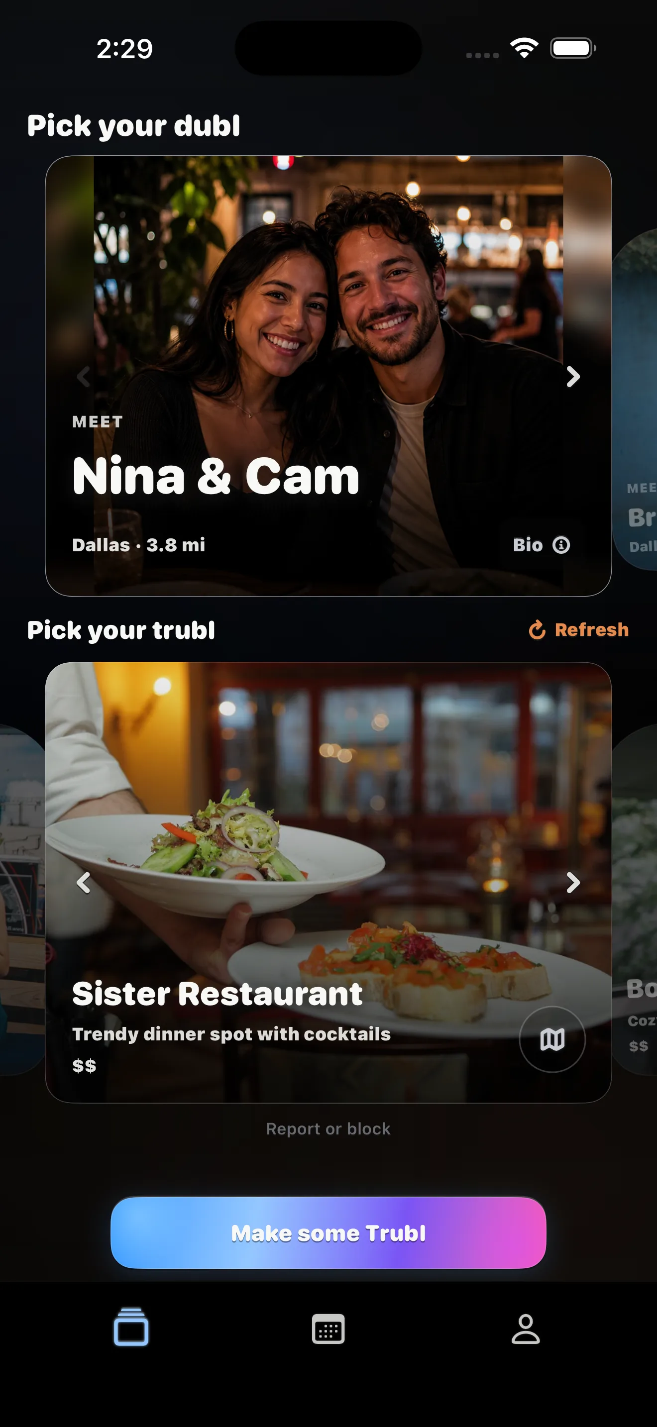 DublTrubl app screen for planning a double date