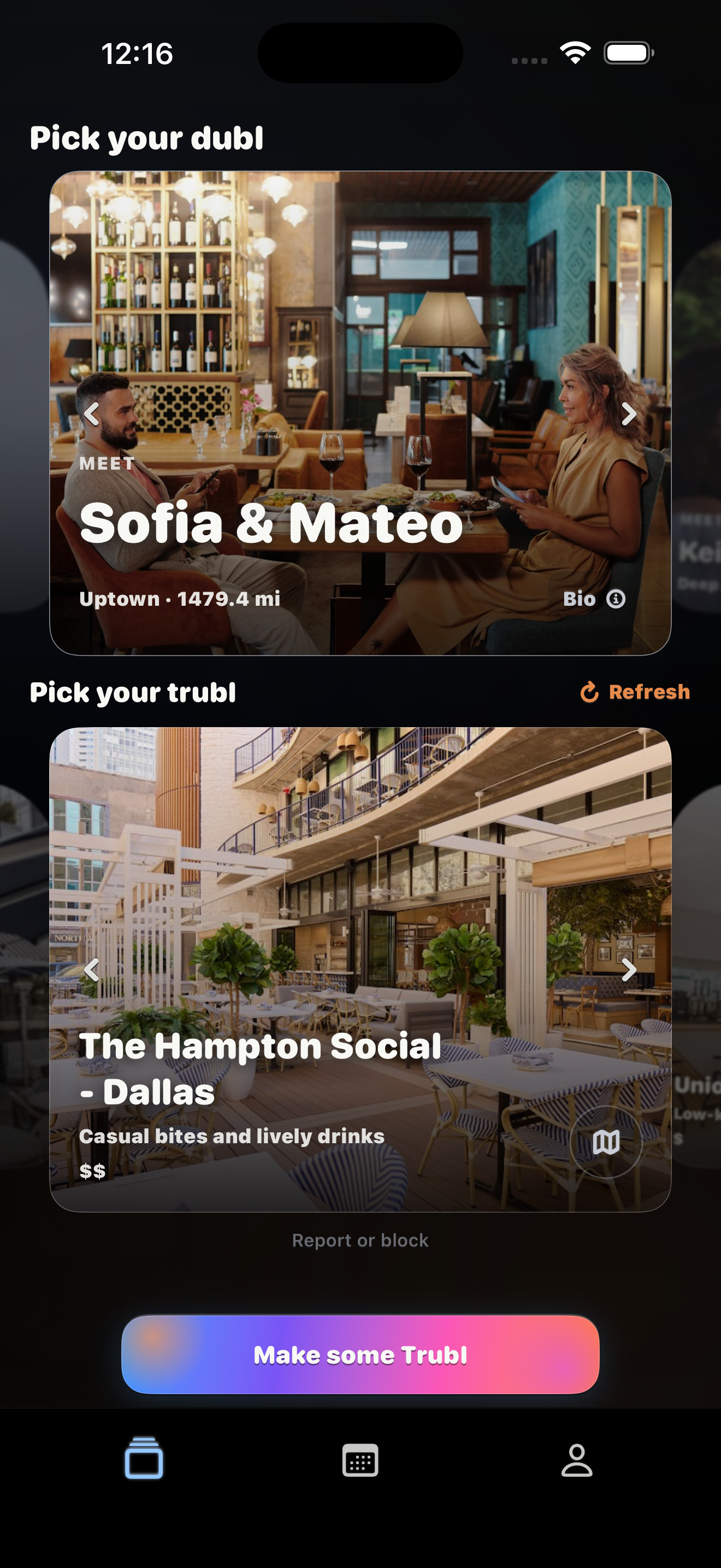 DublTrubl app showing the venue queue with a restaurant card